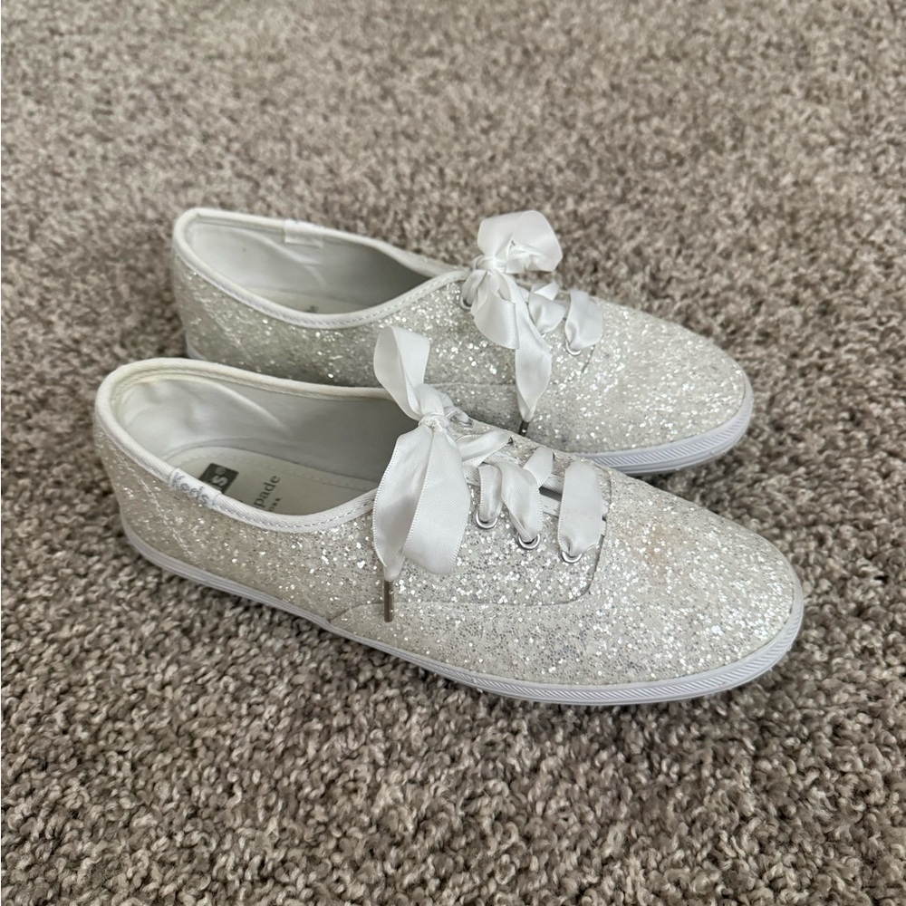 Kate Spade Keds - White Glitter Sneakers with Ribbon Laces